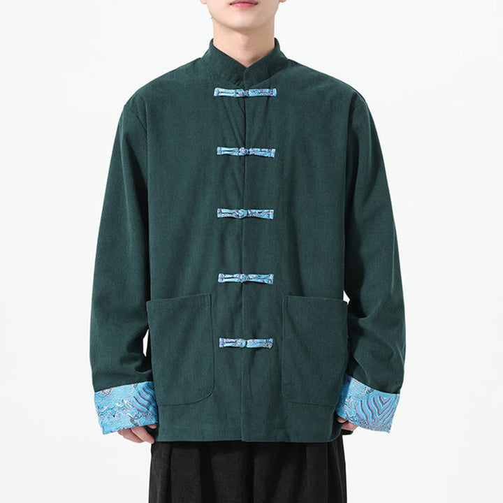Męska kurtka typu Tang z długim rękawem z bawełnianego sztruksu z motywem Buddha Stones i kieszeniami - image 14