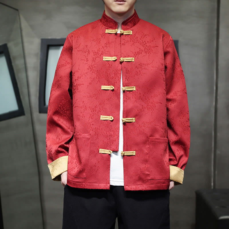 Kurtka męska bawełniana z długim rękawem i kieszeniami, z kołnierzem Buddha Stones" i żakardowym stójką - Karmazynowy - US/UK/AU46， EU56 (5XL) - image 0