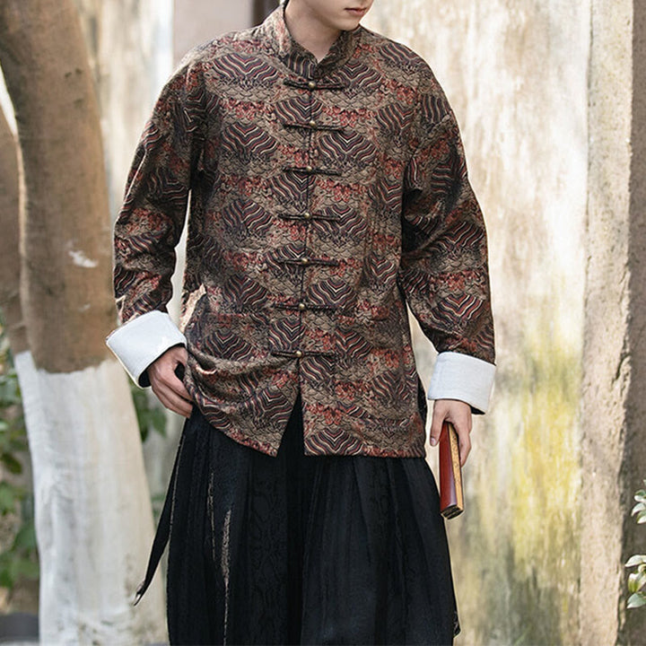 Koszula męska z długim rękawem i kieszeniami, z nadrukiem Buddha Stones i kwiatowym wzorem - SaddleBrown - US/UK/AU46， EU56 (5XL) - image 17