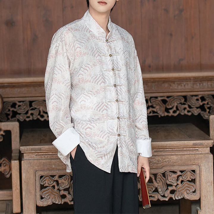 Koszula męska z długim rękawem i kieszeniami, z nadrukiem Buddha Stones i kwiatowym wzorem - Biały Dym - US/UK/AU46， EU56 (5XL) - image 7