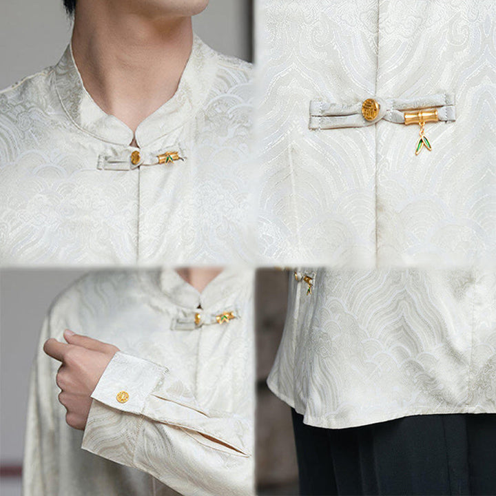 Koszula męska z długim rękawem i chińskim guzikiem w kształcie żaby z bambusa w kształcie Buddha Stones - image 9