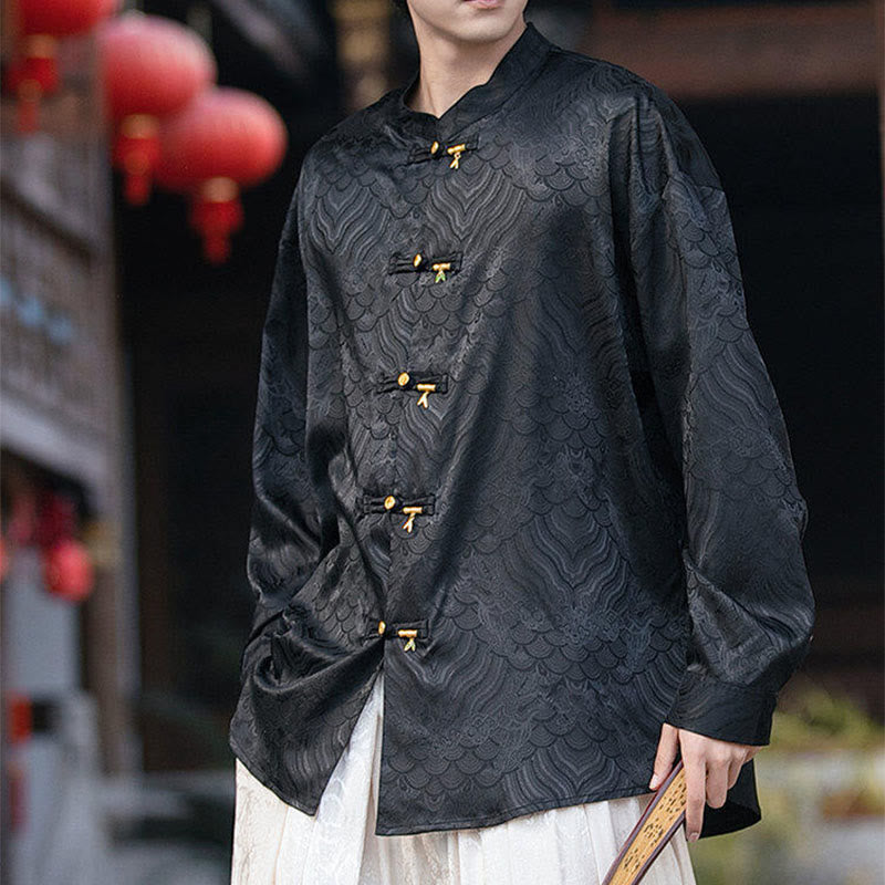 Koszula męska z długim rękawem i chińskim guzikiem w kształcie żaby z bambusa w kształcie Buddha Stones - image 16