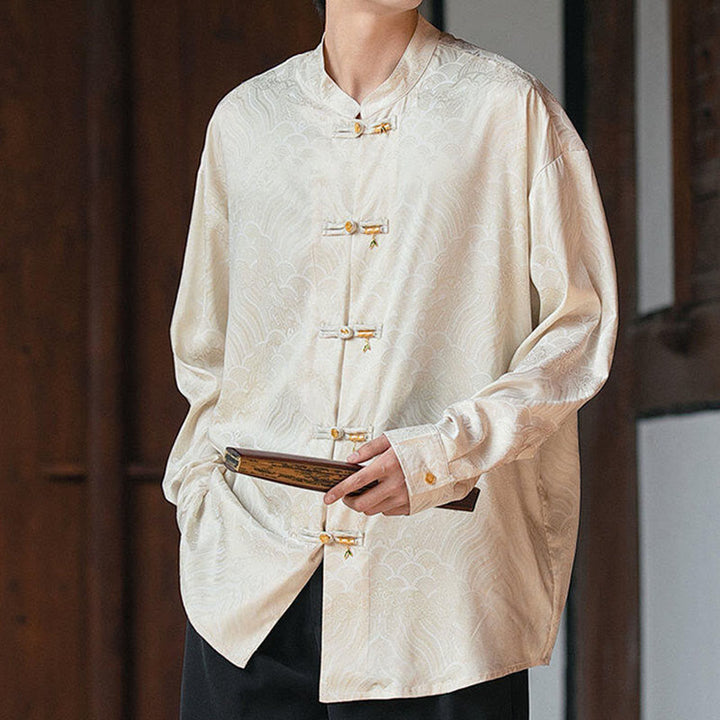 Koszula męska z długim rękawem i chińskim guzikiem w kształcie żaby z bambusa w kształcie Buddha Stones - Beżowy - US/UK/AU46， EU56 (5XL) - image 0