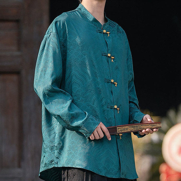 Koszula męska z długim rękawem i chińskim guzikiem w kształcie żaby z bambusa w kształcie Buddha Stones - image 30