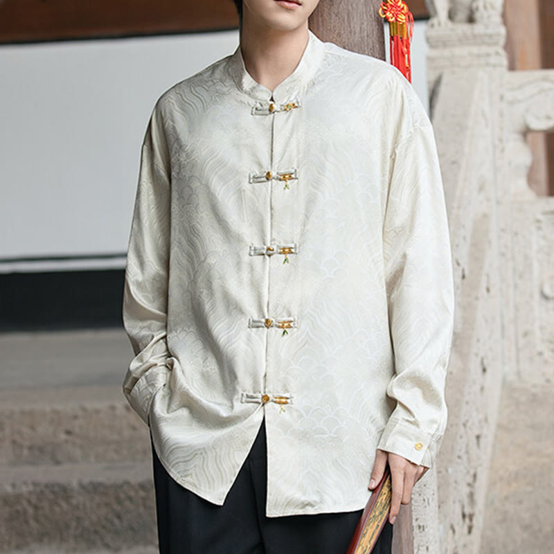 Koszula męska z długim rękawem i chińskim guzikiem w kształcie żaby z bambusa w kształcie Buddha Stones - image 8