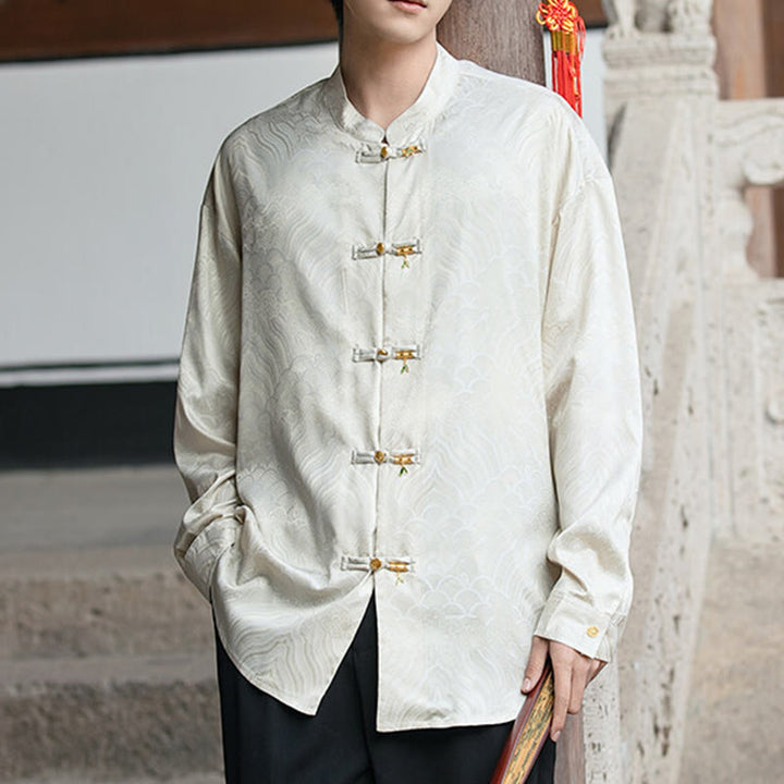 Koszula męska z długim rękawem i chińskim guzikiem w kształcie żaby z bambusa w kształcie Buddha Stones - image 8