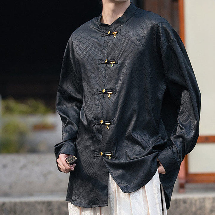 Koszula męska z długim rękawem i chińskim guzikiem w kształcie żaby z bambusa w kształcie Buddha Stones - image 15