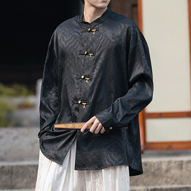 Koszula męska z długim rękawem i chińskim guzikiem w kształcie żaby z bambusa w kształcie Buddha Stones - Czarny - US/UK/AU46， EU56 (5XL) - image 10