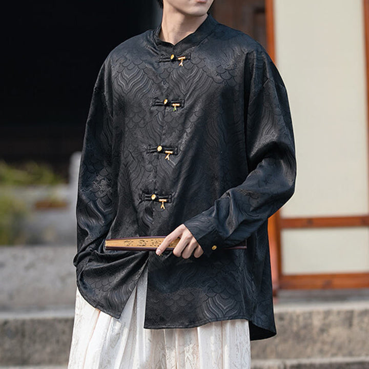 Koszula męska z długim rękawem i chińskim guzikiem w kształcie żaby z bambusa w kształcie Buddha Stones - Czarny - US/UK/AU46， EU56 (5XL) - image 10