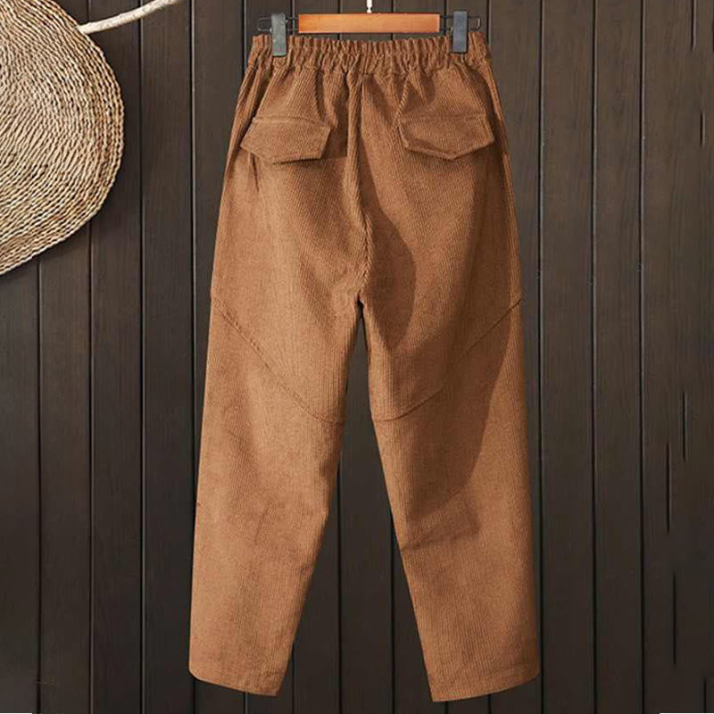 Damskie spodnie haremowe z bawełny sztruksowej z kieszeniami i Buddha Stones w kolorze peruwiańskim, z grubym wzorem - image 1