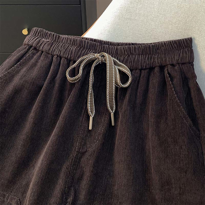 Damskie spodnie haremowe z bawełny sztruksowej z ściągaczem i kieszeniami, w jednolitym kolorze, z motywem Buddha Stones - image 1