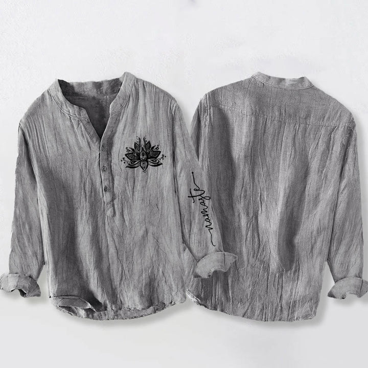 Koszula męska z długim rękawem z bawełny i lnu z motywem kamieni Buddha Stones, zapinana na pół guziki - image 5