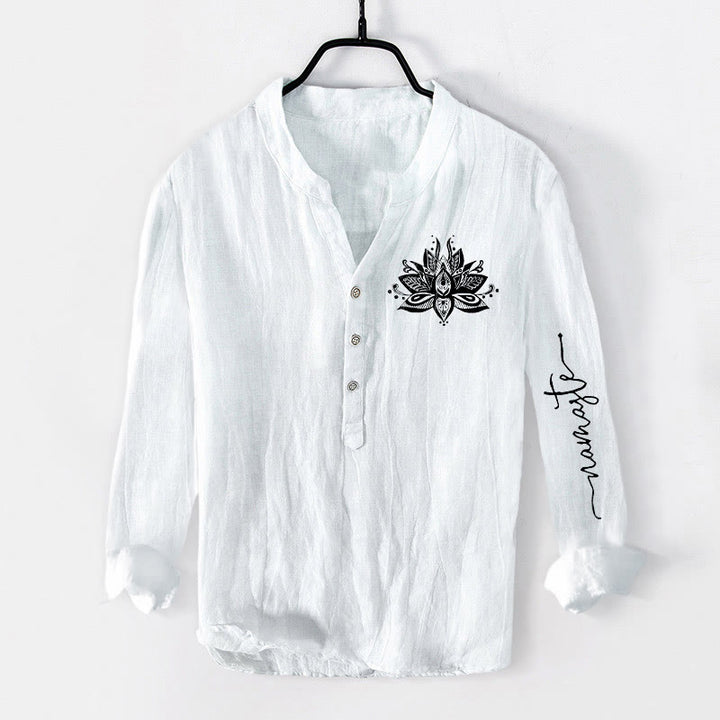 Koszula męska z długim rękawem z bawełny i lnu z motywem kamieni Buddha Stones, zapinana na pół guziki - Biały - US/UK/AU50, EU60 (5XL) - image 6