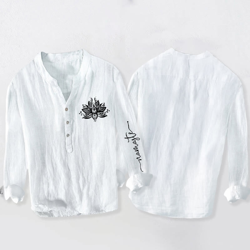 Koszula męska z długim rękawem z bawełny i lnu z motywem kamieni Buddha Stones, zapinana na pół guziki - image 8