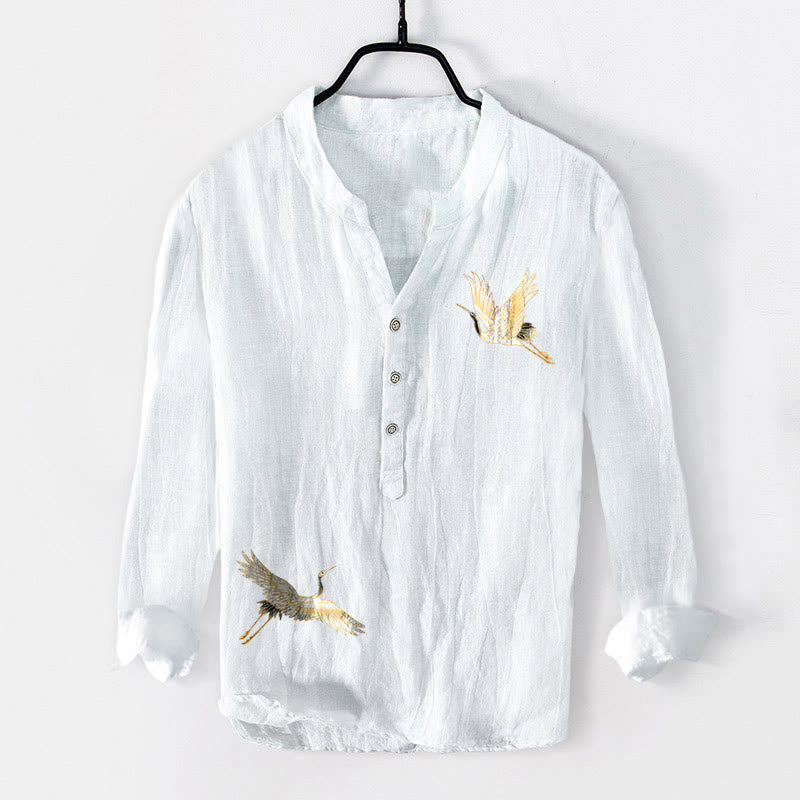 Koszula męska z długim rękawem z bawełny i lnu , z Buddha Stones, żurawiem i czerwonym słońcem, z półguzikami - image 7