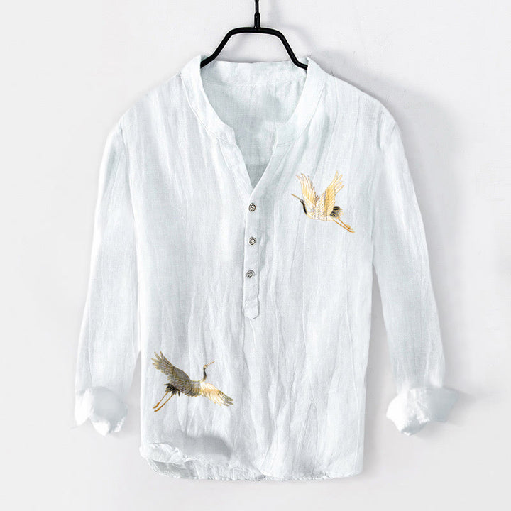 Koszula męska z długim rękawem z bawełny i lnu , z Buddha Stones, żurawiem i czerwonym słońcem, z półguzikami - image 7