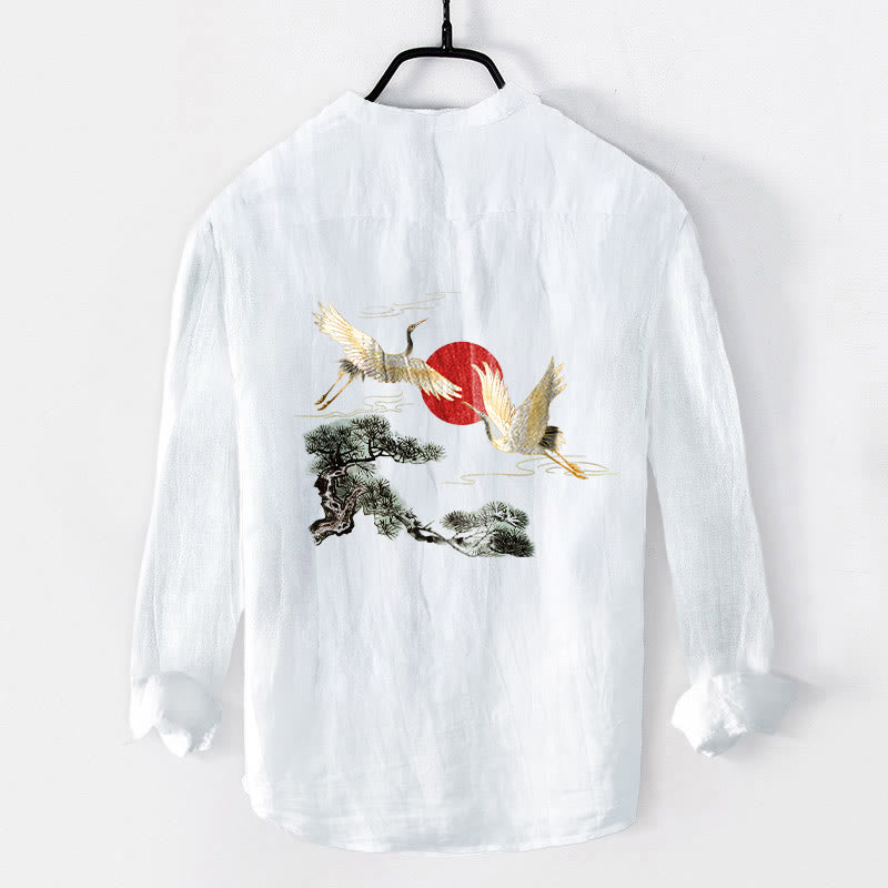 Koszula męska z długim rękawem z bawełny i lnu , z Buddha Stones, żurawiem i czerwonym słońcem, z półguzikami - image 8