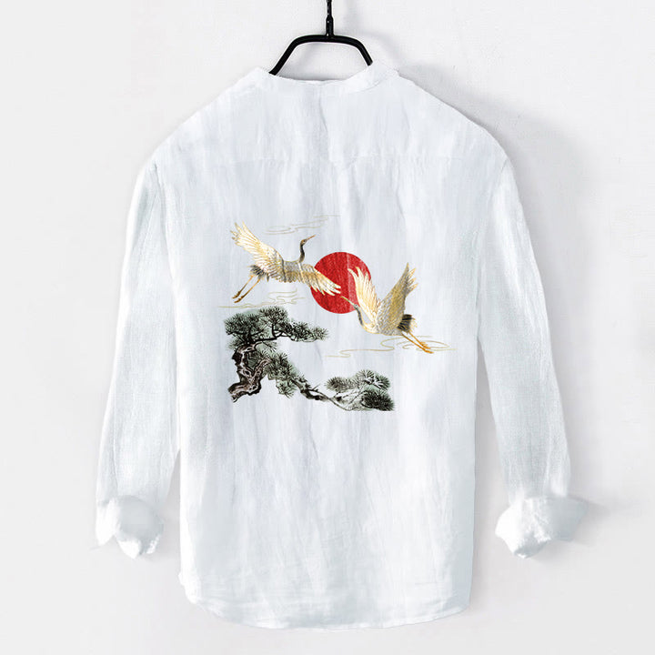 Koszula męska z długim rękawem z bawełny i lnu , z Buddha Stones, żurawiem i czerwonym słońcem, z półguzikami - image 8