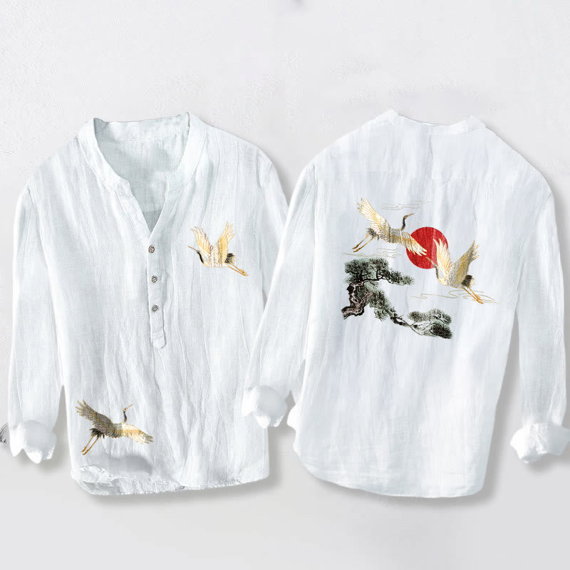 Koszula męska z długim rękawem z bawełny i lnu , z Buddha Stones, żurawiem i czerwonym słońcem, z półguzikami - Biały - US/UK/AU50, EU60 (5XL) - image 6
