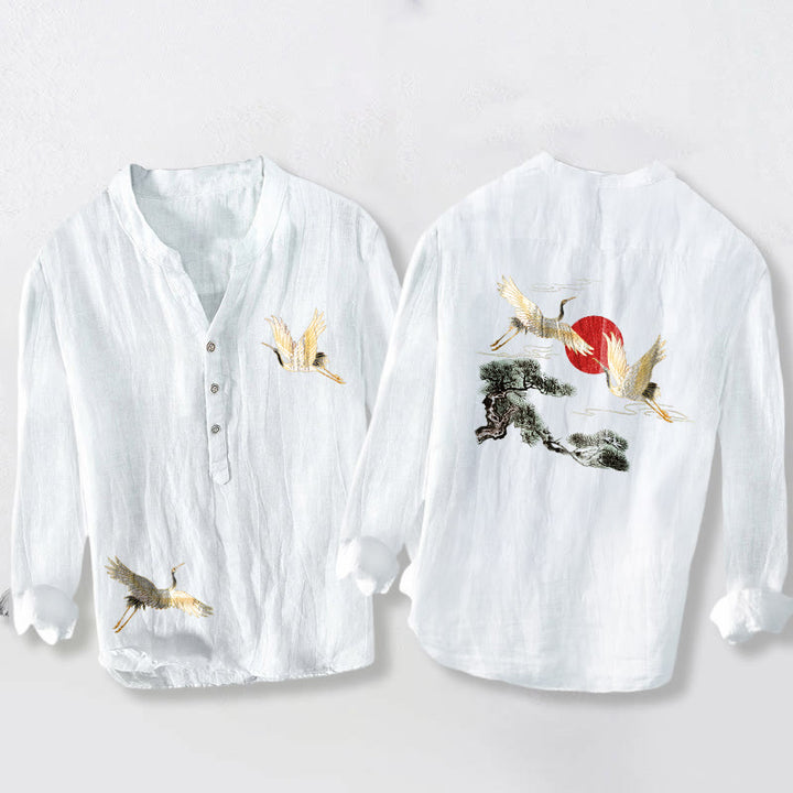 Koszula męska z długim rękawem z bawełny i lnu , z Buddha Stones, żurawiem i czerwonym słońcem, z półguzikami - Biały - US/UK/AU50, EU60 (5XL) - image 6