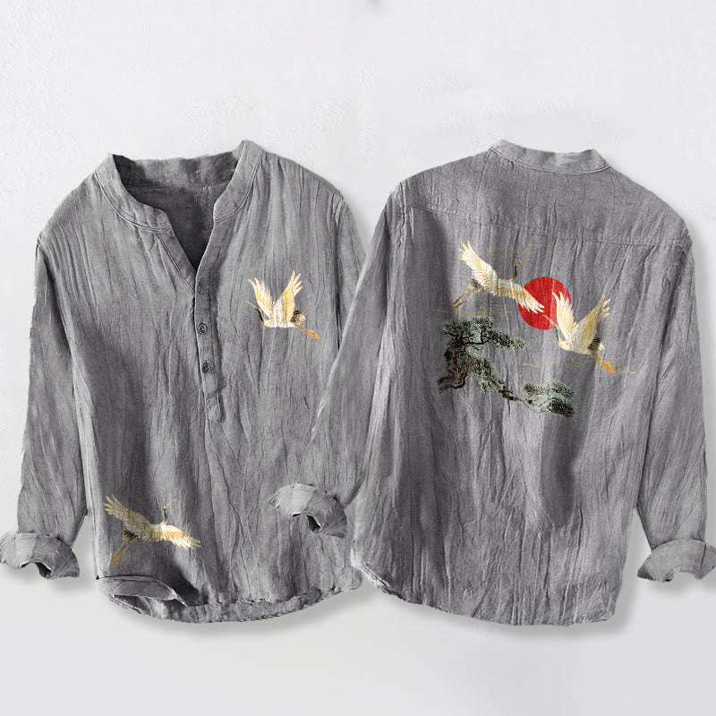 Koszula męska z długim rękawem z bawełny i lnu , z Buddha Stones, żurawiem i czerwonym słońcem, z półguzikami - Szary - US/UK/AU50, EU60 (5XL) - image 0