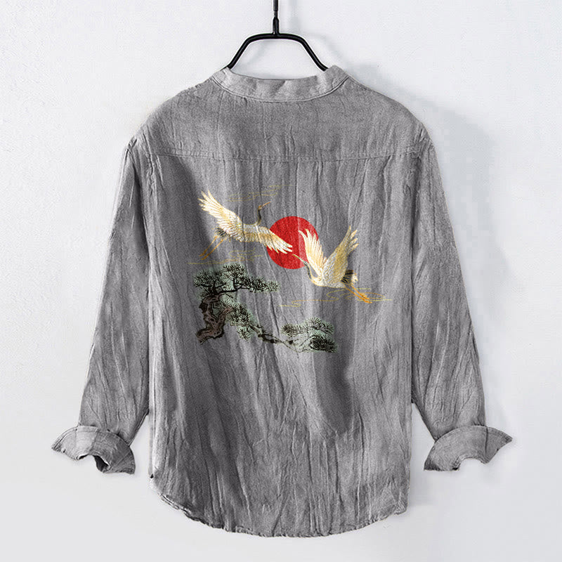 Koszula męska z długim rękawem z bawełny i lnu , z Buddha Stones, żurawiem i czerwonym słońcem, z półguzikami - image 2