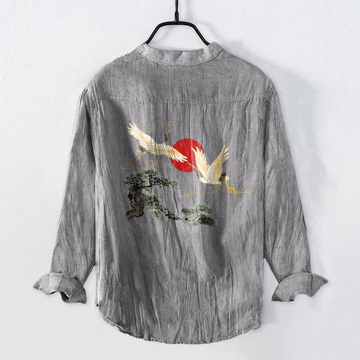 Koszula męska z długim rękawem z bawełny i lnu , z Buddha Stones, żurawiem i czerwonym słońcem, z półguzikami - image 2