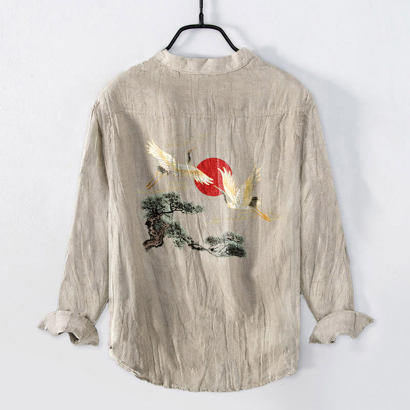 Koszula męska z długim rękawem z bawełny i lnu , z Buddha Stones, żurawiem i czerwonym słońcem, z półguzikami - image 5