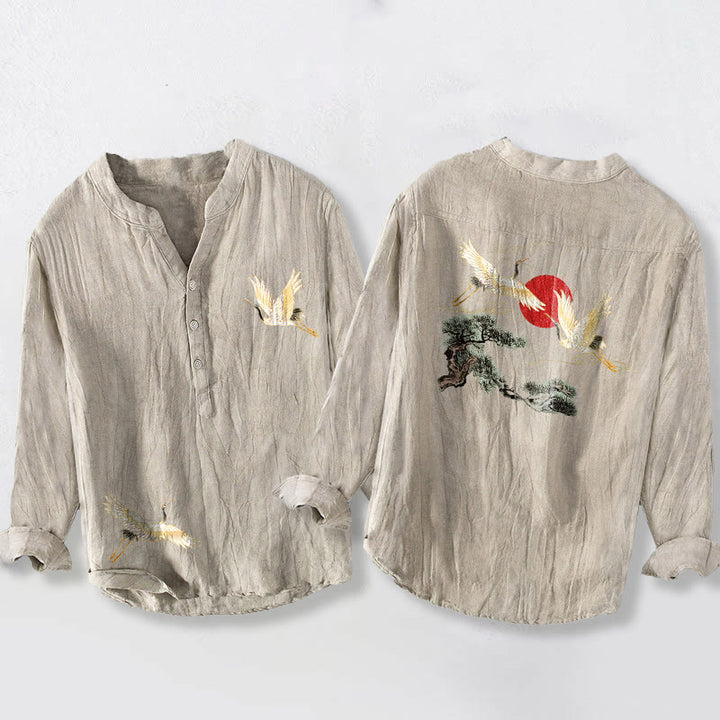 Koszula męska z długim rękawem z bawełny i lnu , z Buddha Stones, żurawiem i czerwonym słońcem, z półguzikami - Bielizna - US/UK/AU50, EU60 (5XL) - image 3