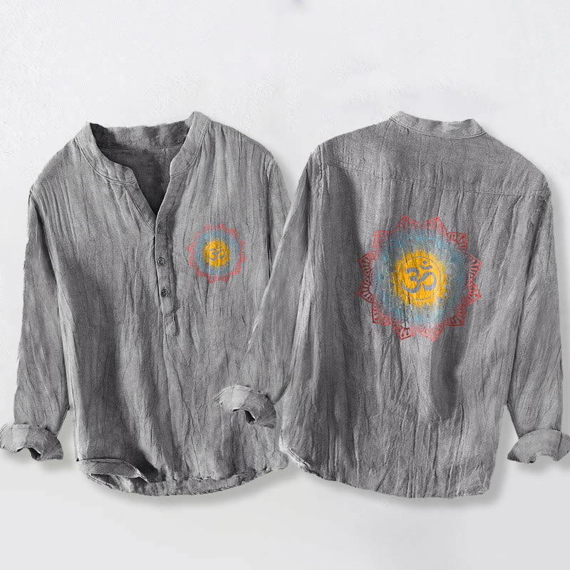 Koszula męska z długim rękawem z bawełny i lnu z motywem Buddha Stones, półguzików i mandali z symbolem Om - Szary - US/UK/AU50, EU60 (5XL) - image 6