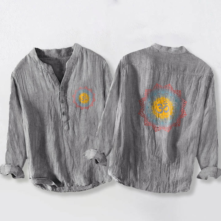 Koszula męska z długim rękawem z bawełny i lnu z motywem Buddha Stones, półguzików i mandali z symbolem Om - Szary - US/UK/AU50, EU60 (5XL) - image 6