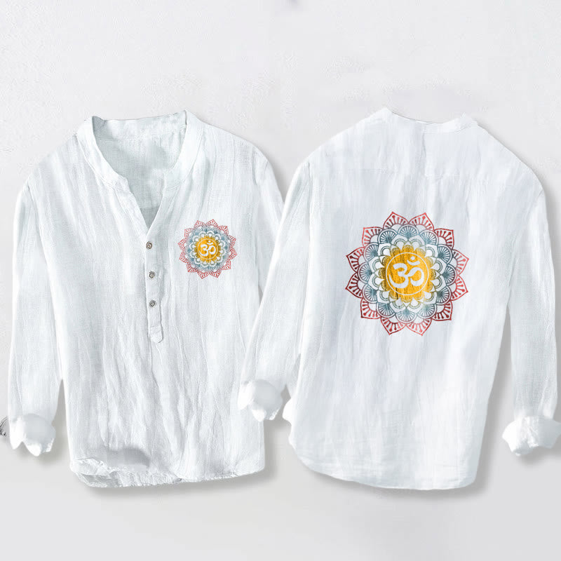 Koszula męska z długim rękawem z bawełny i lnu z motywem Buddha Stones, półguzików i mandali z symbolem Om - Biały - US/UK/AU50, EU60 (5XL) - image 0