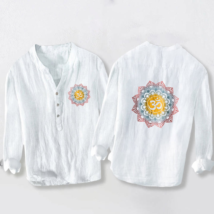 Koszula męska z długim rękawem z bawełny i lnu z motywem Buddha Stones, półguzików i mandali z symbolem Om - Biały - US/UK/AU50, EU60 (5XL) - image 0