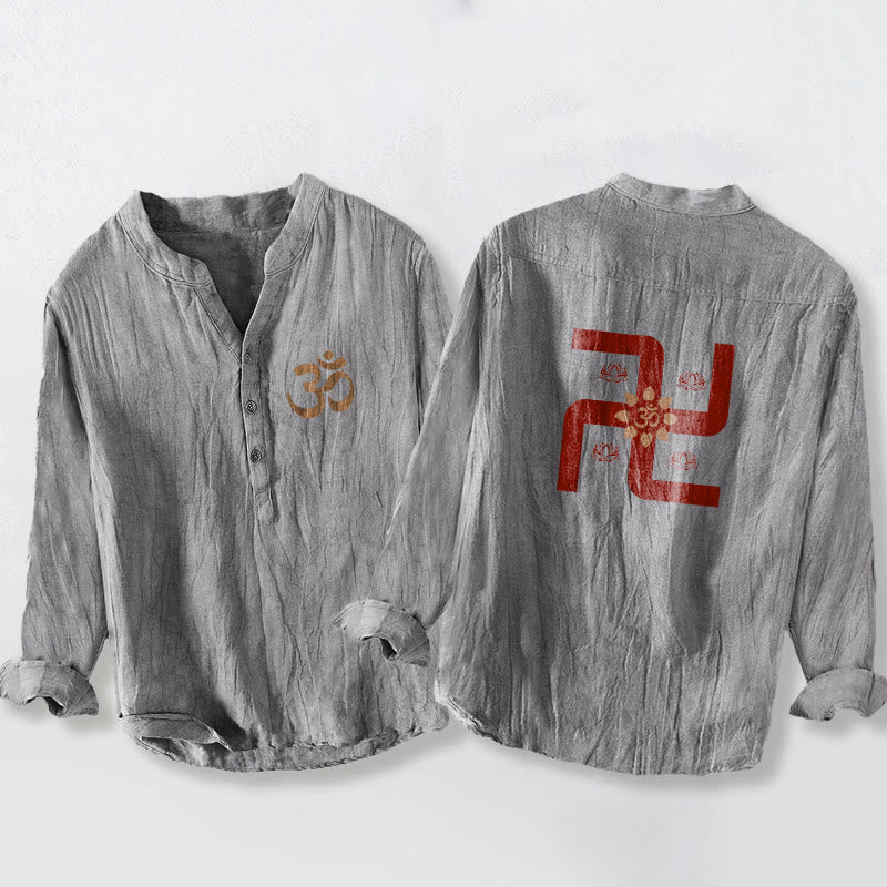 Koszula męska z długim rękawem z bawełny i lnu, z motywem lotosu i swastyki, z Buddha Stones i symbolem Om - Szary - US/UK/AU50, EU60 (5XL) - image 3