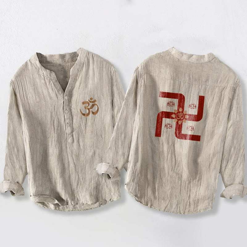 Koszula męska z długim rękawem z bawełny i lnu, z motywem lotosu i swastyki, z Buddha Stones i symbolem Om - Bielizna - US/UK/AU50, EU60 (5XL) - image 0