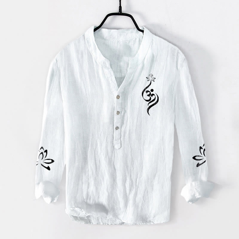 Koszula męska z długim rękawem z bawełny i lnu z nadrukiem w kształcie Buddha Stones na pół guziki, z symbolem lotosu Om - Biały - US/UK/AU50, EU60 (5XL) - image 6