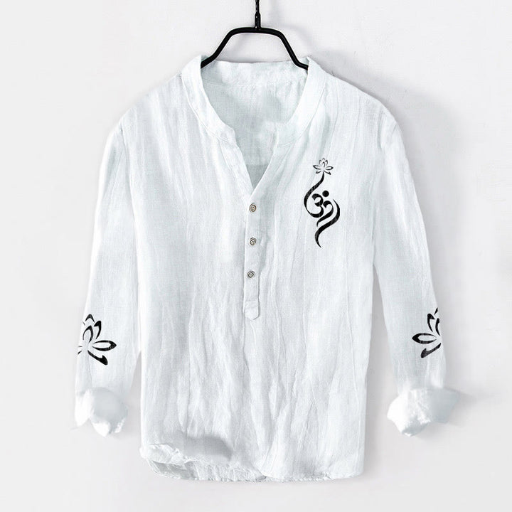 Koszula męska z długim rękawem z bawełny i lnu z nadrukiem w kształcie Buddha Stones na pół guziki, z symbolem lotosu Om - Biały - US/UK/AU50, EU60 (5XL) - image 6