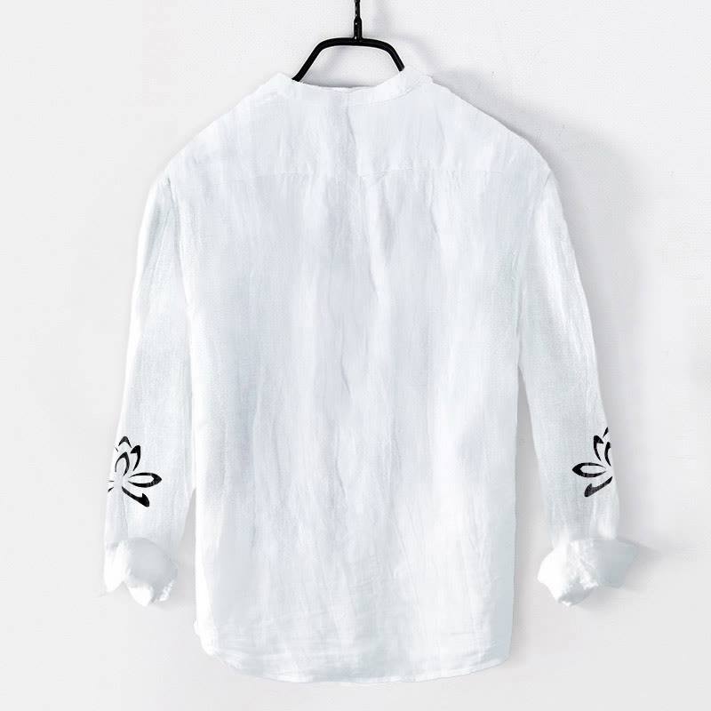 Koszula męska z długim rękawem z bawełny i lnu z nadrukiem w kształcie Buddha Stones na pół guziki, z symbolem lotosu Om - image 7