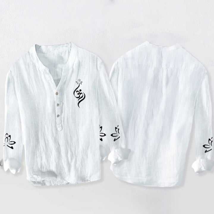 Koszula męska z długim rękawem z bawełny i lnu z nadrukiem w kształcie Buddha Stones na pół guziki, z symbolem lotosu Om - image 8