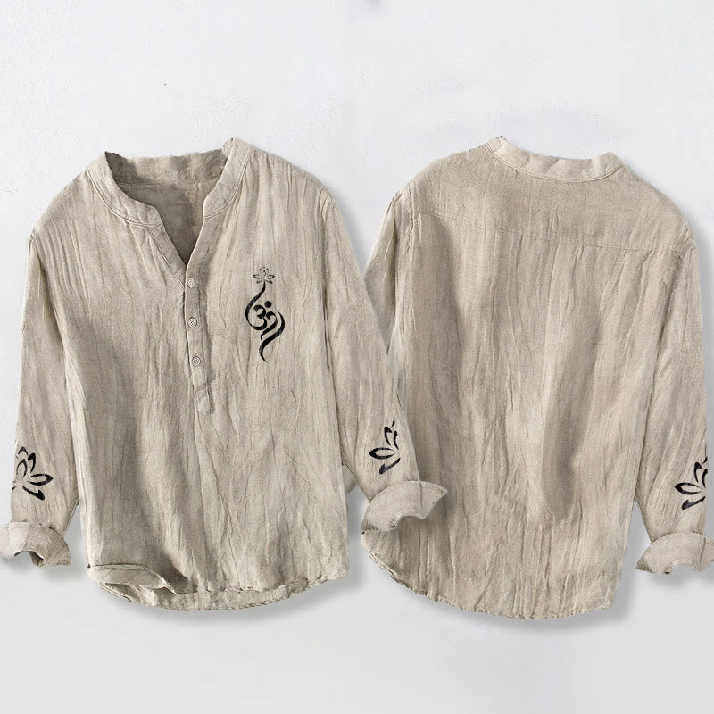 Koszula męska z długim rękawem z bawełny i lnu z nadrukiem w kształcie Buddha Stones na pół guziki, z symbolem lotosu Om - image 5