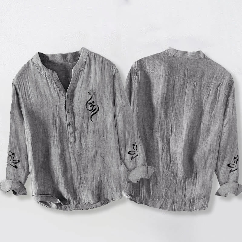 Koszula męska z długim rękawem z bawełny i lnu z nadrukiem w kształcie Buddha Stones na pół guziki, z symbolem lotosu Om - image 2