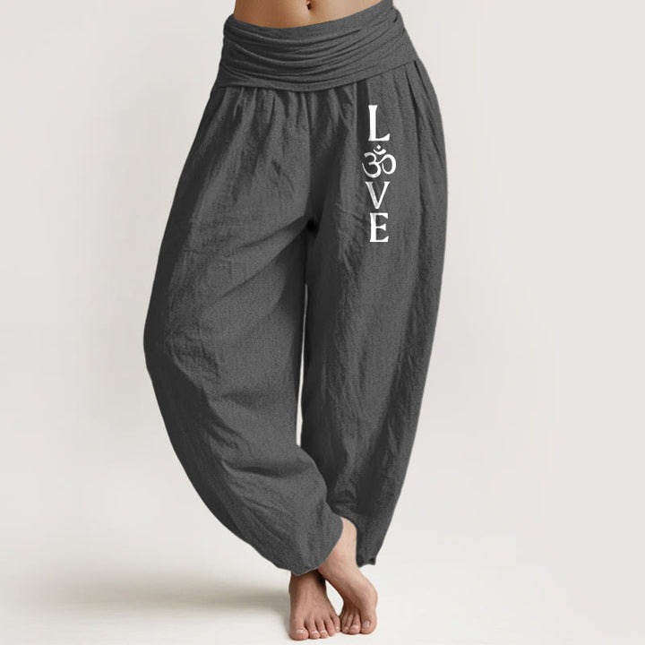 Damskie spodnie haremowe z elastycznej bawełny z Buddha Stones i symbolem Om - DimGray - US22, UK/AU26, EU54 (6XL) - image 0