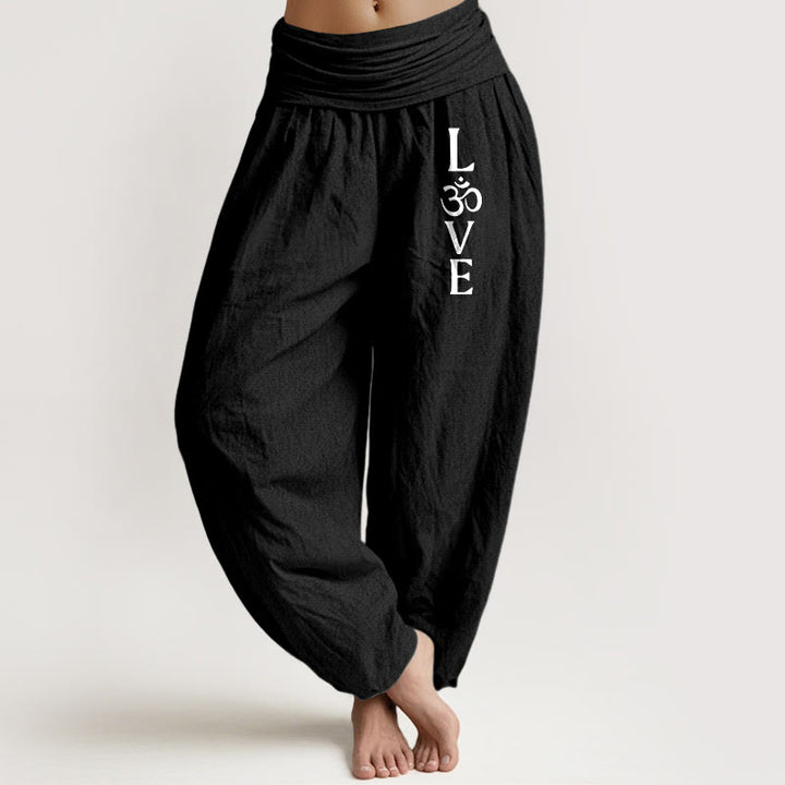 Damskie spodnie haremowe z elastycznej bawełny z Buddha Stones i symbolem Om - Czarny - US22, UK/AU26, EU54 (6XL) - image 5