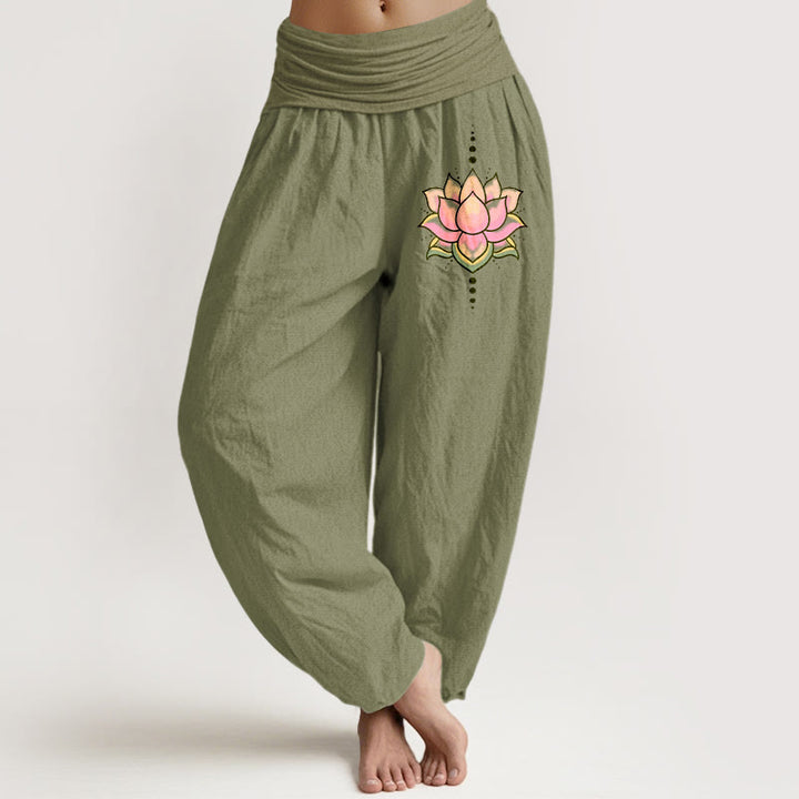 Spodnie haremki damskie z elastyczną talią i wzorem w kwiaty lotosu z czystej bawełny z motywem różowego Buddha Stones - Oliwkowy - US22, UK/AU26, EU54 (6XL) - image 14