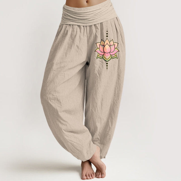 Spodnie haremki damskie z elastyczną talią i wzorem w kwiaty lotosu z czystej bawełny z motywem różowego Buddha Stones - Dębnik - US22, UK/AU26, EU54 (6XL) - image 0