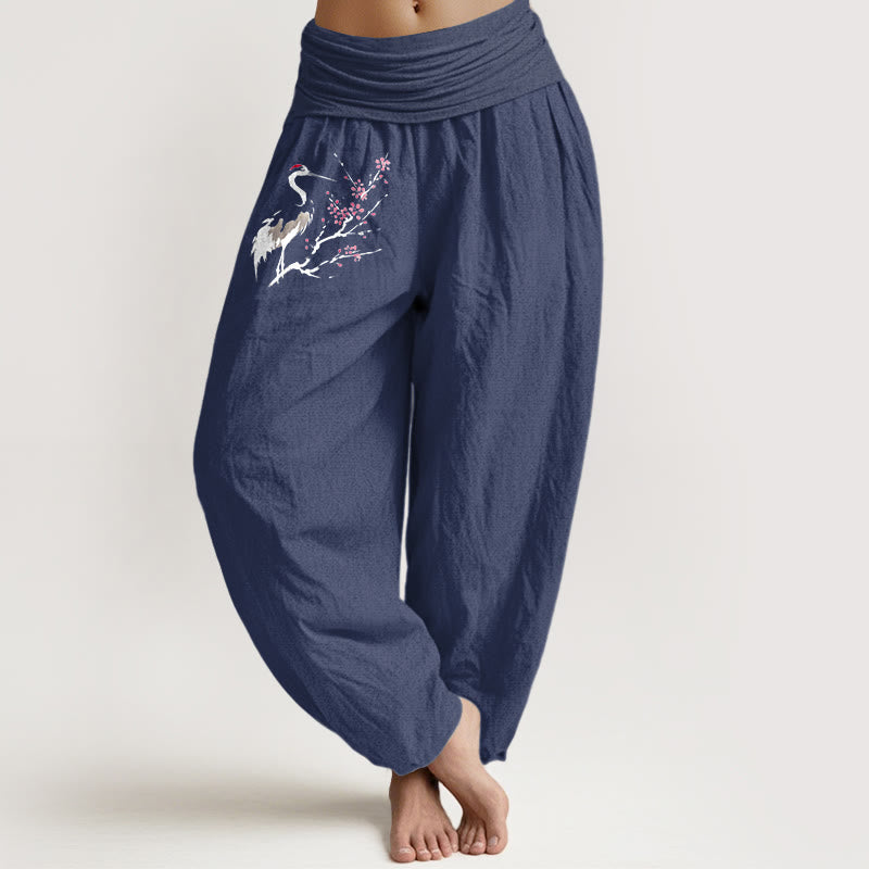 Spodnie damskie z elastyczną talią i wzorem "Harem" z Buddha Stones i kwitnącymi gałęziami żurawia - DarkSlateBlue - US22, UK/AU26, EU54 (6XL) - image 0