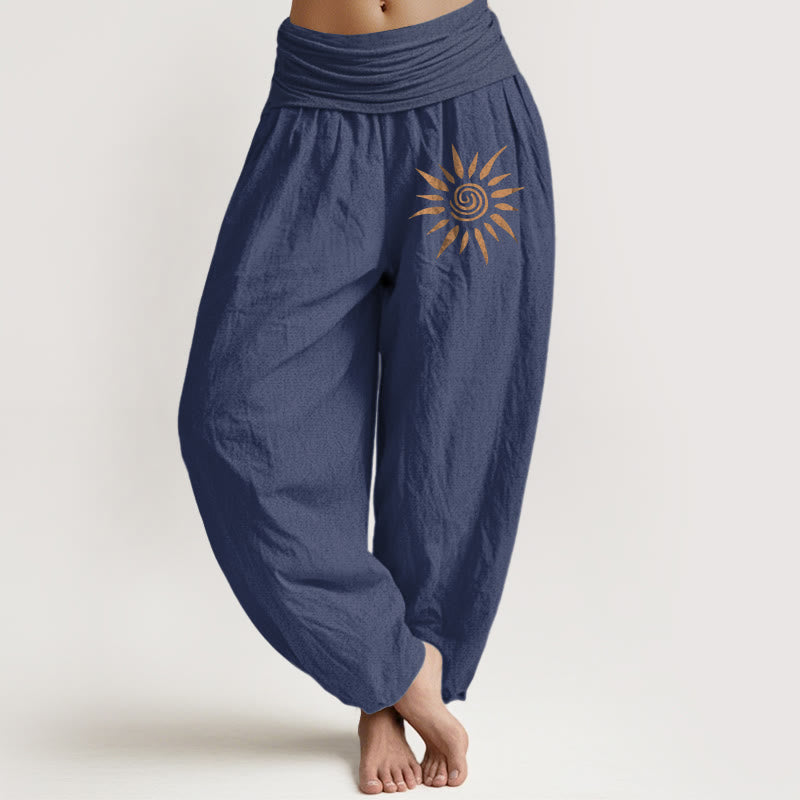 Damskie spodnie haremowe z elastycznej bawełny z motywem spirali w kształcie Buddha Stones i słonecznym wzorem - DarkSlateBlue - US22, UK/AU26, EU54 (6XL) - image 5