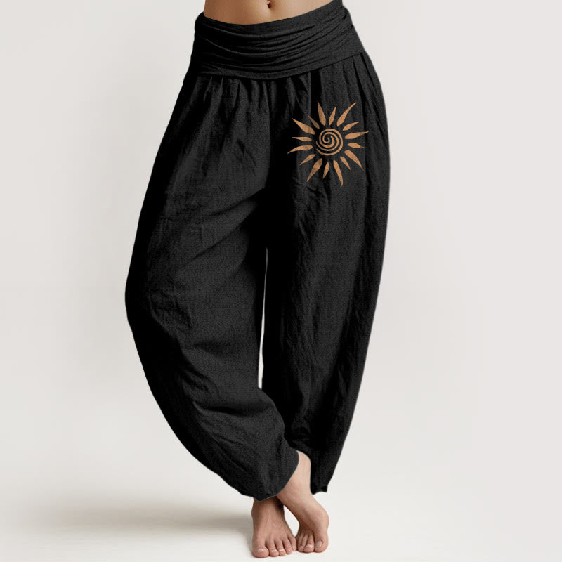 Damskie spodnie haremowe z elastycznej bawełny z motywem spirali w kształcie Buddha Stones i słonecznym wzorem - Czarny - US22, UK/AU26, EU54 (6XL) - image 0
