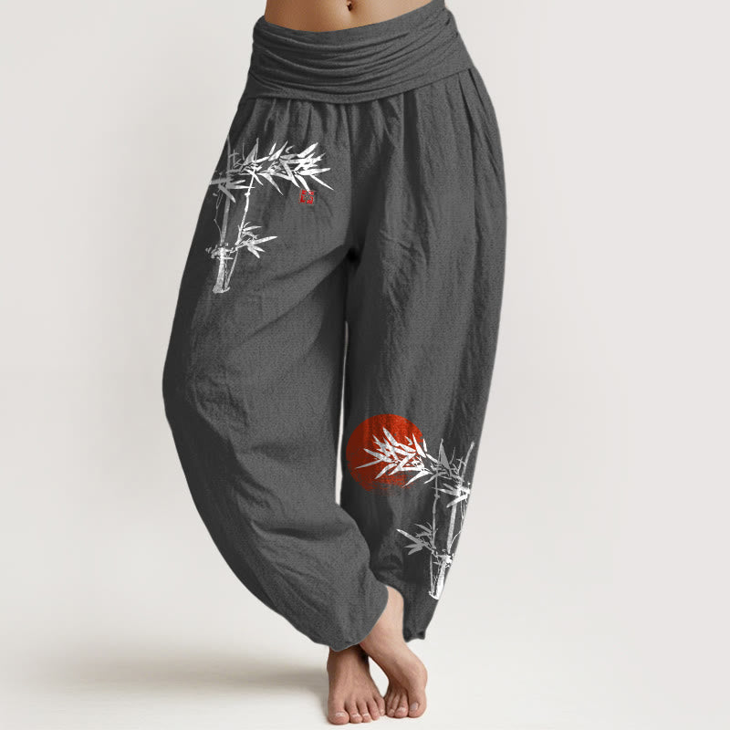 Damskie spodnie haremowe z elastycznej talii z motywem Buddha Stones bambusa i czerwonego słońca, z czystej bawełny - DimGray - US22, UK/AU26, EU54 (6XL) - image 11