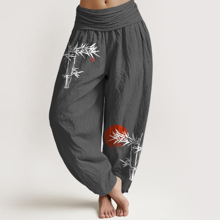 Damskie spodnie haremowe z elastycznej talii z motywem Buddha Stones bambusa i czerwonego słońca, z czystej bawełny - DimGray - US22, UK/AU26, EU54 (6XL) - image 11